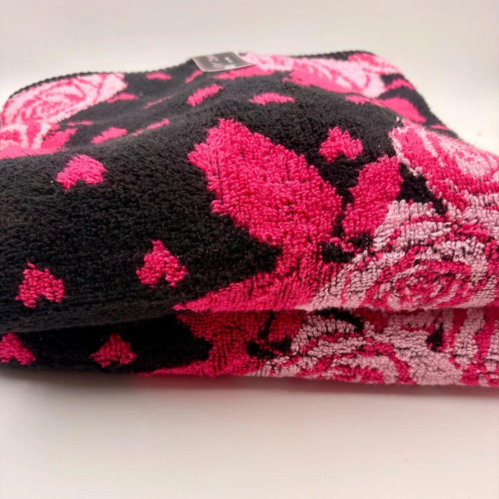 Betsey Johnson 4pc Towel Set Pink Roses Hearts Black Cotton Bath & Hand Towels